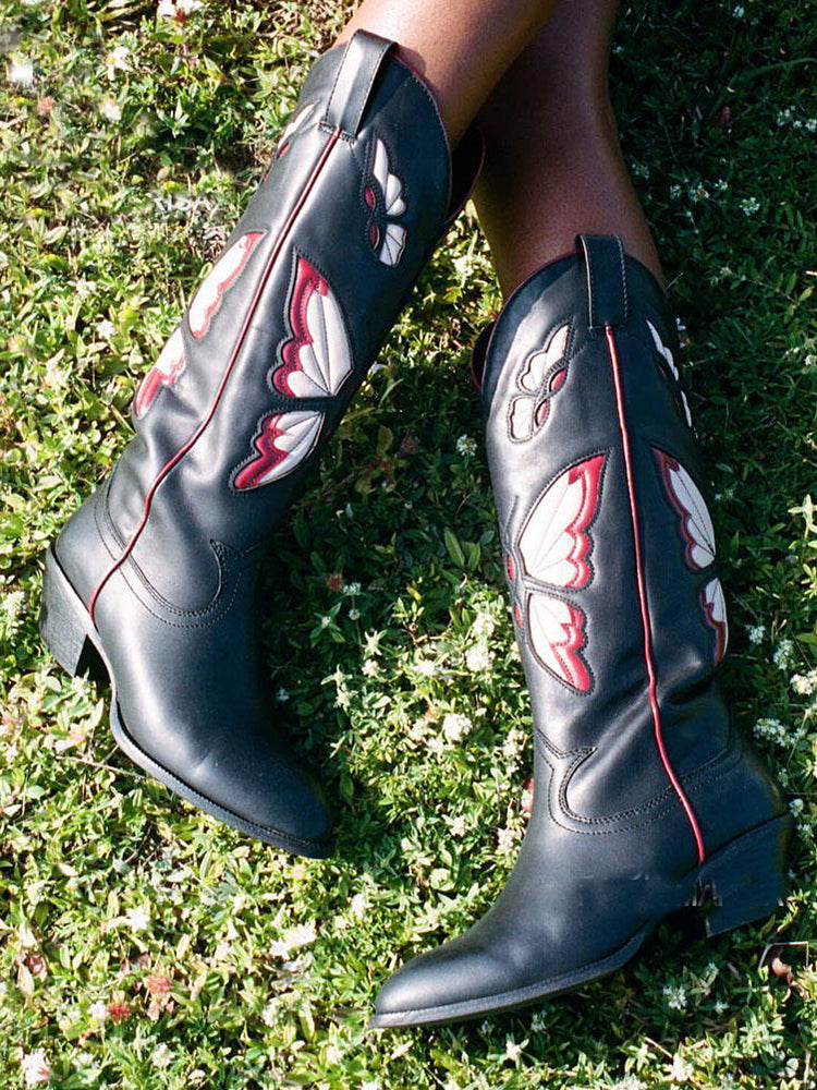 Womens Cowboy Cowgirl Mid Calf Boots Butterfly Embroidered Pointed Toe